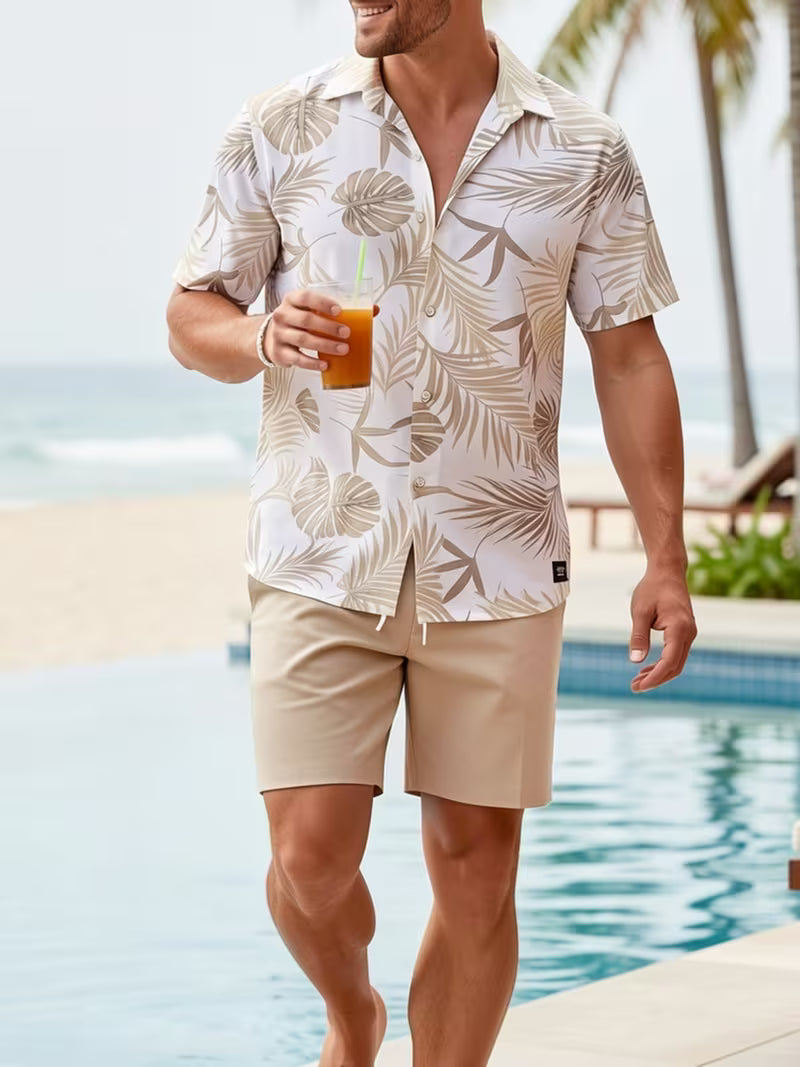 2pc - Hawaiian Shirt and Khaki Trunks - Beige Palm Coast Camp Shirt