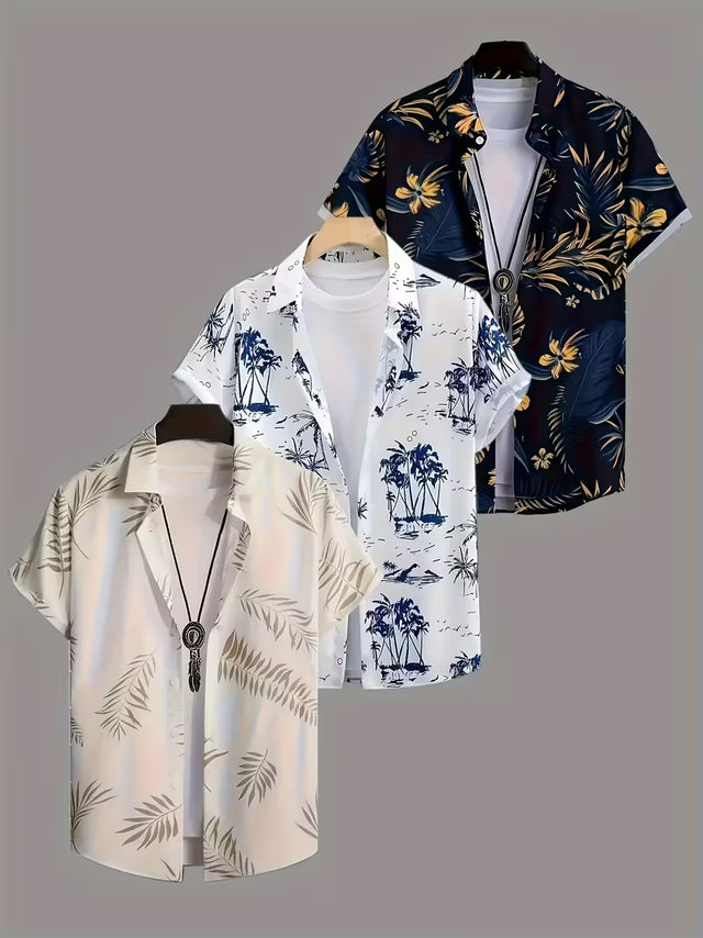 3 Pack Men's Tropical Floral & Palm Tree Print Short Sleeve Shirts - Casual, Comfortable Summer Button-Up Dress Shirts in Blue, White, & Beige