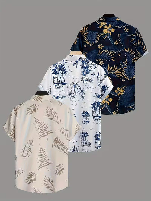 3 Pack Men's Tropical Floral & Palm Tree Print Short Sleeve Shirts - Casual, Comfortable Summer Button-Up Dress Shirts in Blue, White, & Beige