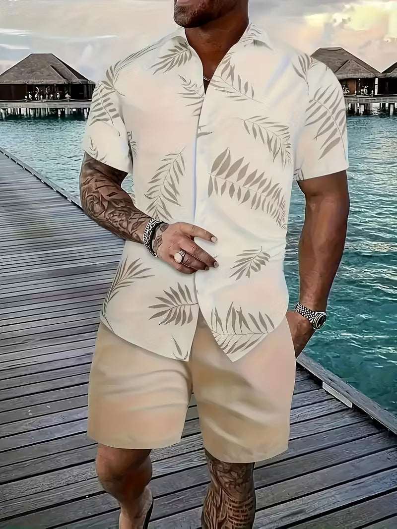 3 Pack Men's Tropical Floral & Palm Tree Print Short Sleeve Shirts - Casual, Comfortable Summer Button-Up Dress Shirts in Blue, White, & Beige