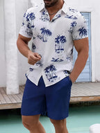 3 Pack Men's Tropical Floral & Palm Tree Print Short Sleeve Shirts - Casual, Comfortable Summer Button-Up Dress Shirts in Blue, White, & Beige