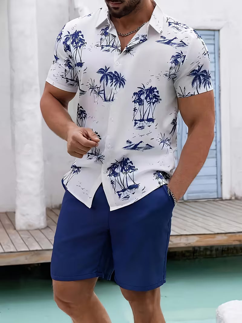 3 Pack Men's Tropical Floral & Palm Tree Print Short Sleeve Shirts - Casual, Comfortable Summer Button-Up Dress Shirts in Blue, White, & Beige