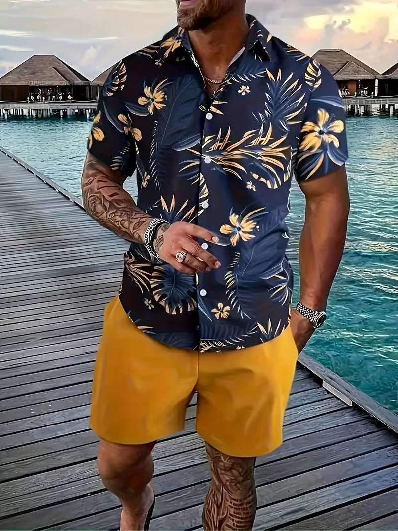 3 Pack Men's Tropical Floral & Palm Tree Print Short Sleeve Shirts - Casual, Comfortable Summer Button-Up Dress Shirts in Blue, White, & Beige