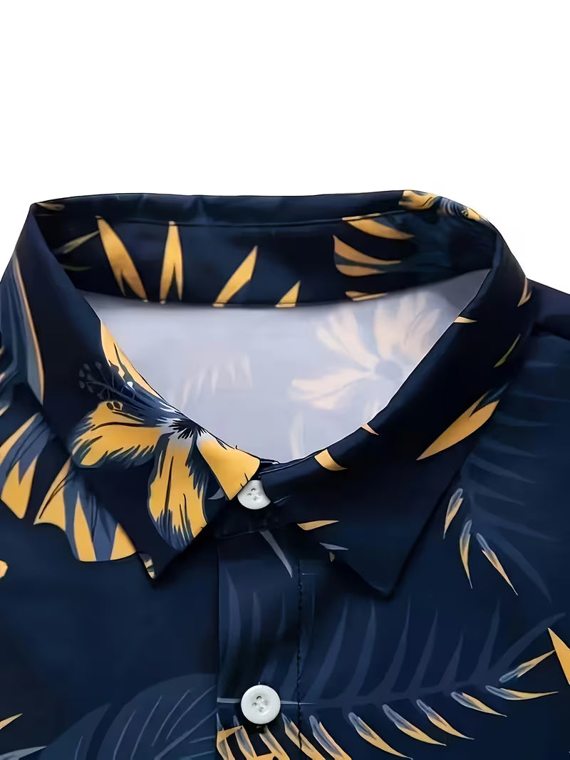 3 Pack Men's Tropical Floral & Palm Tree Print Short Sleeve Shirts - Casual, Comfortable Summer Button-Up Dress Shirts in Blue, White, & Beige