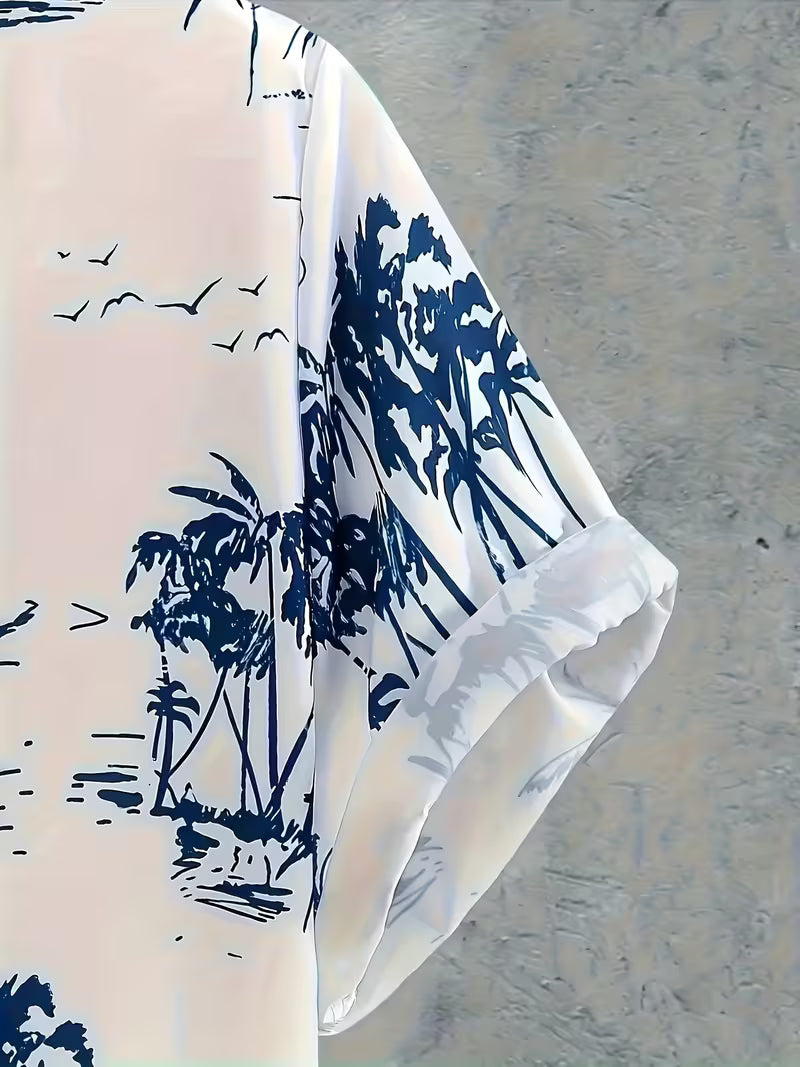 3 Pack Men's Tropical Floral & Palm Tree Print Short Sleeve Shirts - Casual, Comfortable Summer Button-Up Dress Shirts in Blue, White, & Beige