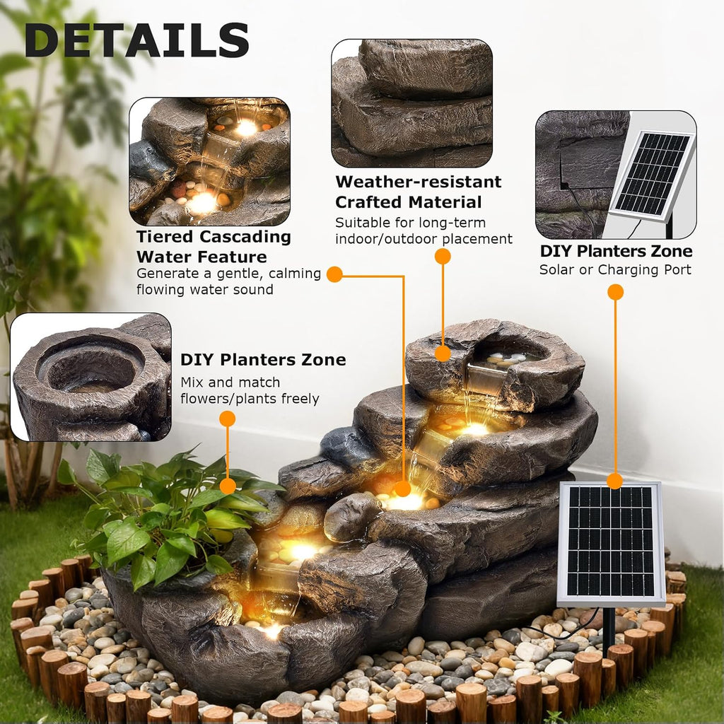 38.2-inch-long Solar Fountain Outdoor Garden 5-tier Freestanding Rock Waterfall Fountain Features LED Lighting And Planting Basin Ideal for Patios, Porches, Backyards, And Home Decor.