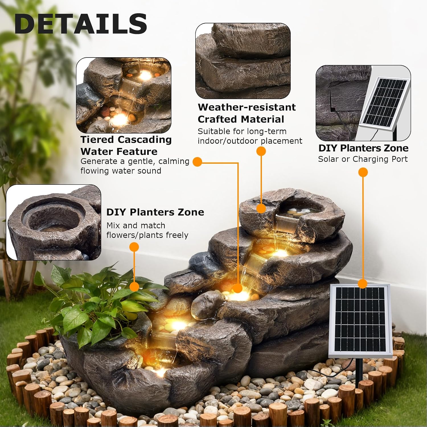 38.2-inch-long Solar Fountain Outdoor Garden 5-tier Freestanding Rock Waterfall Fountain Features LED Lighting And Planting Basin Ideal for Patios, Porches, Backyards, And Home Decor.