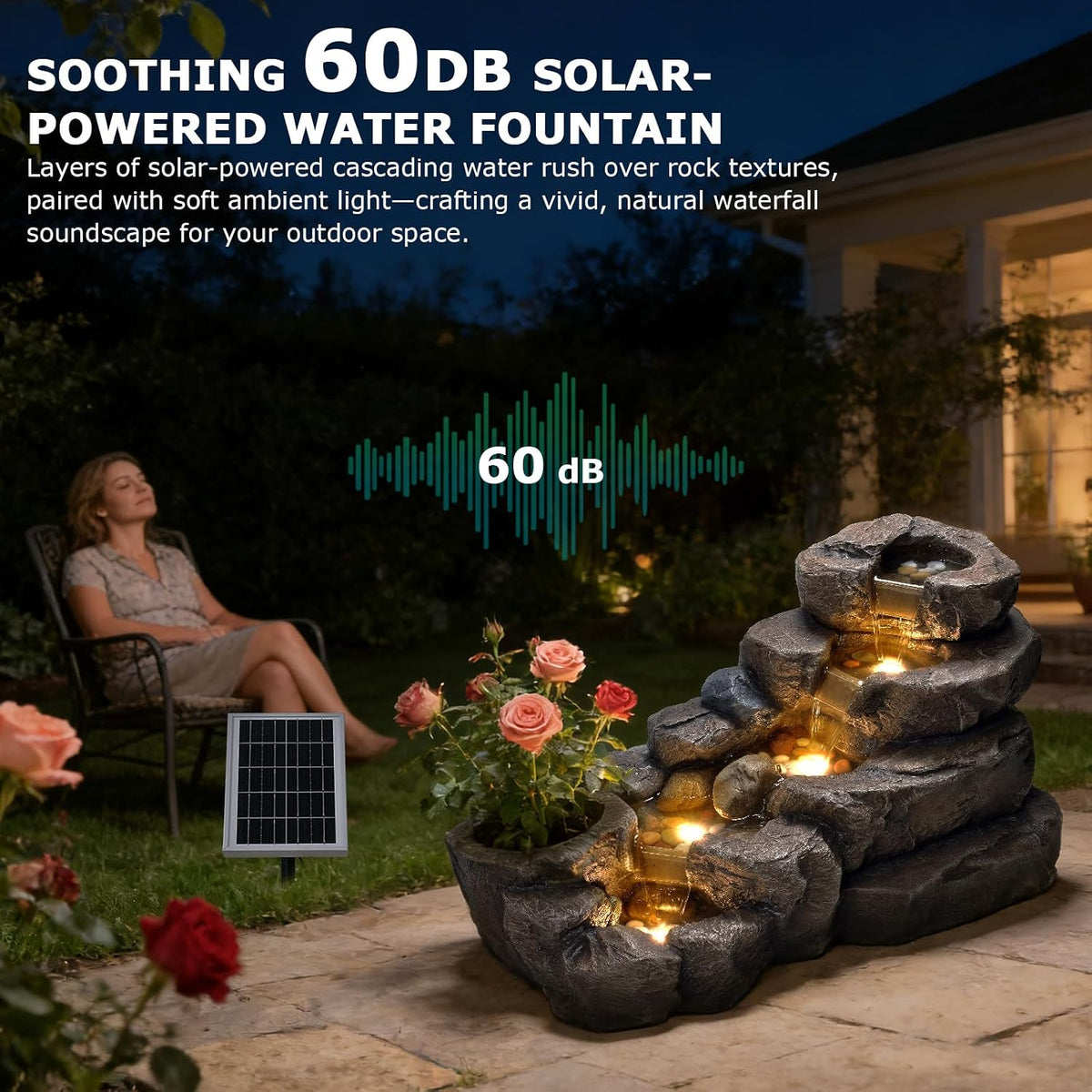 38.2-inch-long Solar Fountain Outdoor Garden 5-tier Freestanding Rock Waterfall Fountain Features LED Lighting And Planting Basin Ideal for Patios, Porches, Backyards, And Home Decor.