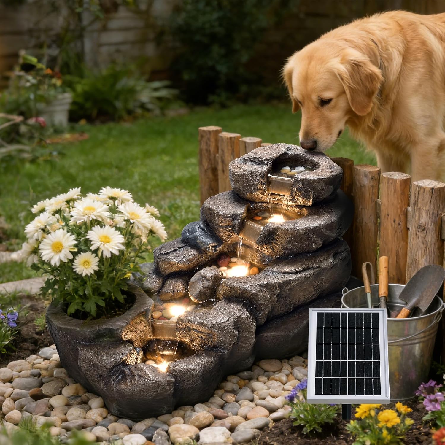 38.2-inch-long Solar Fountain Outdoor Garden 5-tier Freestanding Rock Waterfall Fountain Features LED Lighting And Planting Basin Ideal for Patios, Porches, Backyards, And Home Decor.