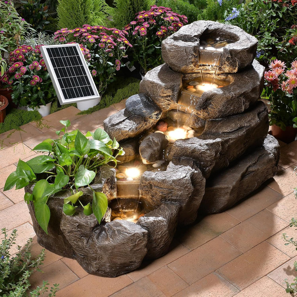 38.2-inch-long Solar Fountain Outdoor Garden 5-tier Freestanding Rock Waterfall Fountain Features LED Lighting And Planting Basin Ideal for Patios, Porches, Backyards, And Home Decor.
