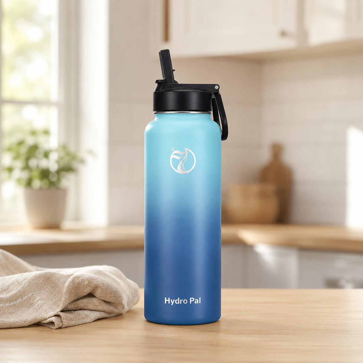 40oz insulated water bottle, Blue Waves, lifestyle