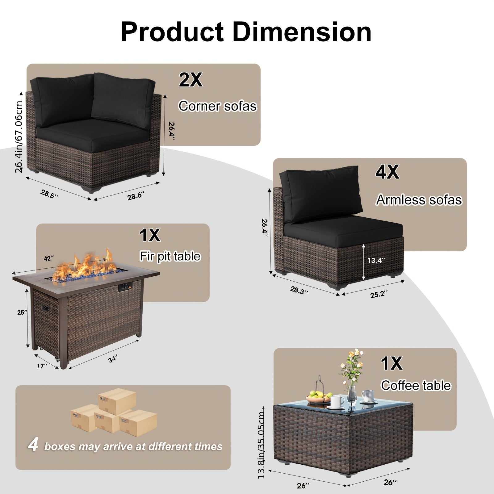 8pcs Patio Furniture Set with Fire Pit Table, Outdoor Sectional Sofa PE Rattan, Patio Conversation Sets with Cushions for Garden Lawn Balcony Porch Deck