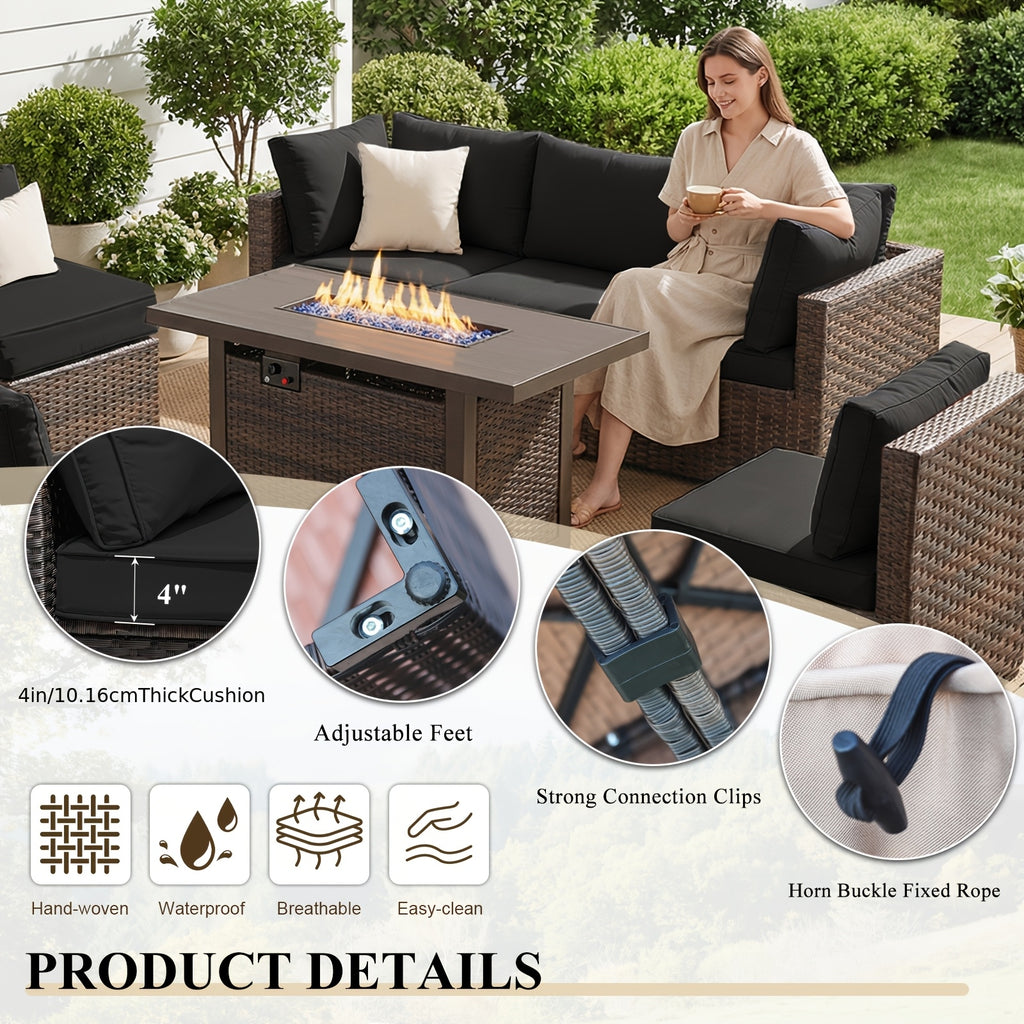 8pcs Patio Furniture Set with Fire Pit Table, Outdoor Sectional Sofa PE Rattan, Patio Conversation Sets with Cushions for Garden Lawn Balcony Porch Deck