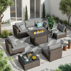 8pcs Patio Furniture Set with Fire Pit Table, Outdoor Sectional Sofa PE Rattan, Patio Conversation Sets with Cushions for Garden Lawn Balcony Porch Deck