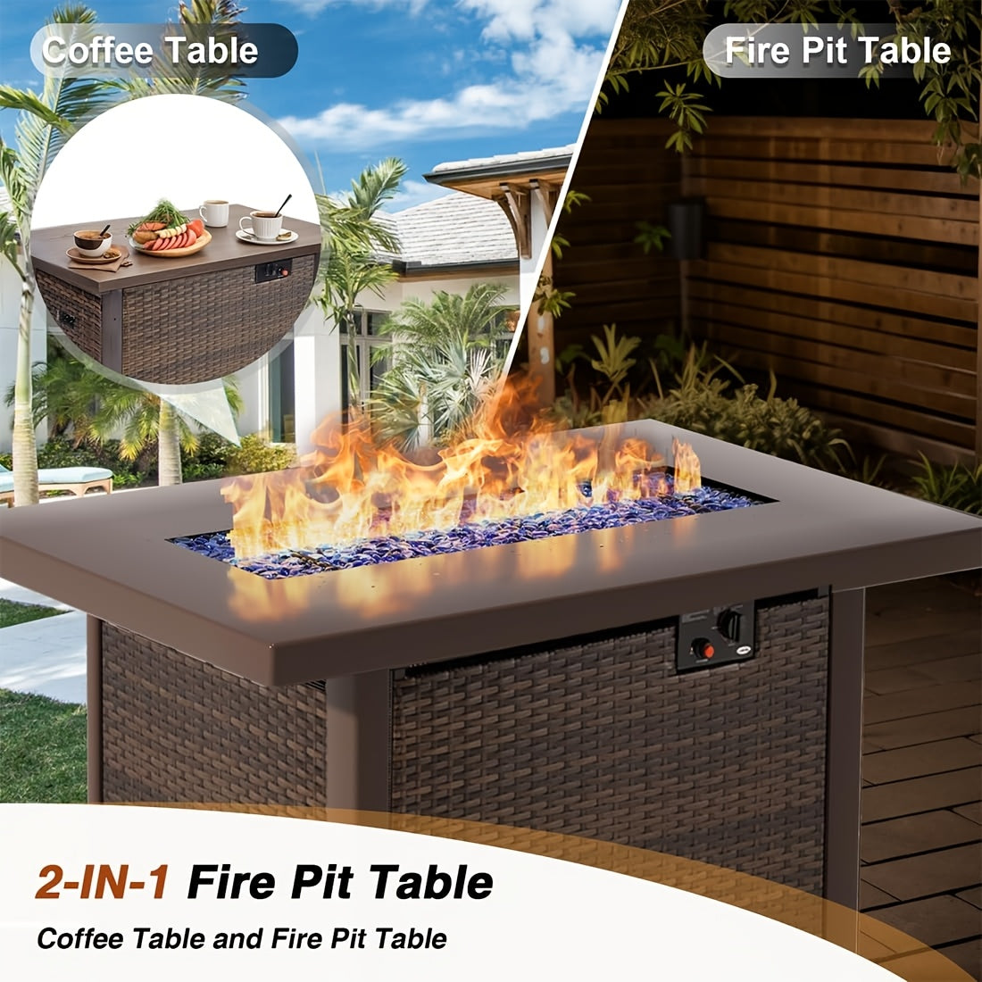 8pcs Patio Furniture Set with Fire Pit Table, Outdoor Sectional Sofa PE Rattan, Patio Conversation Sets with Cushions for Garden Lawn Balcony Porch Deck