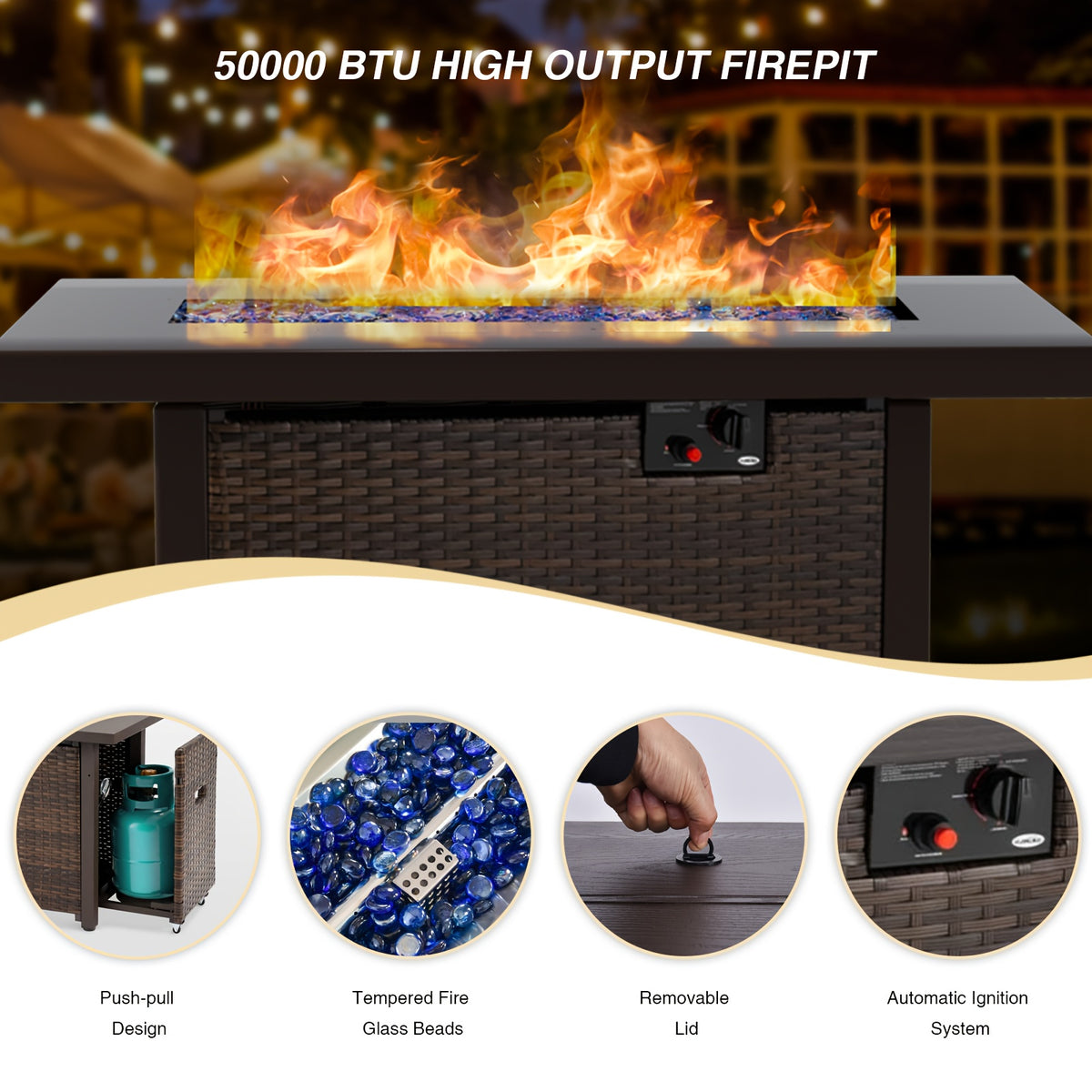 8pcs Patio Furniture Set with Fire Pit Table, Outdoor Sectional Sofa PE Rattan, Patio Conversation Sets with Cushions for Garden Lawn Balcony Porch Deck