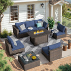 8pcs Patio Furniture Set with Fire Pit Table, Outdoor Sectional Sofa PE Rattan, Patio Conversation Sets with Cushions for Garden Lawn Balcony Porch Deck