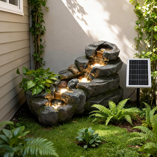 38.2-inch-long Solar Fountain Outdoor Garden 5-tier Freestanding Rock Waterfall Fountain Features LED Lighting And Planting Basin Ideal for Patios, Porches, Backyards, And Home Decor.