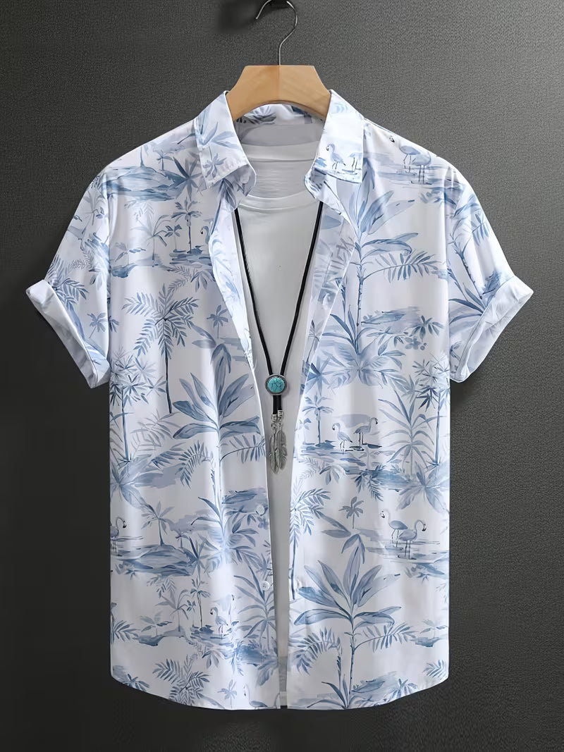 Men’s Blue Tropical Botanical Print Short Sleeve Button-Up Camp Shirt