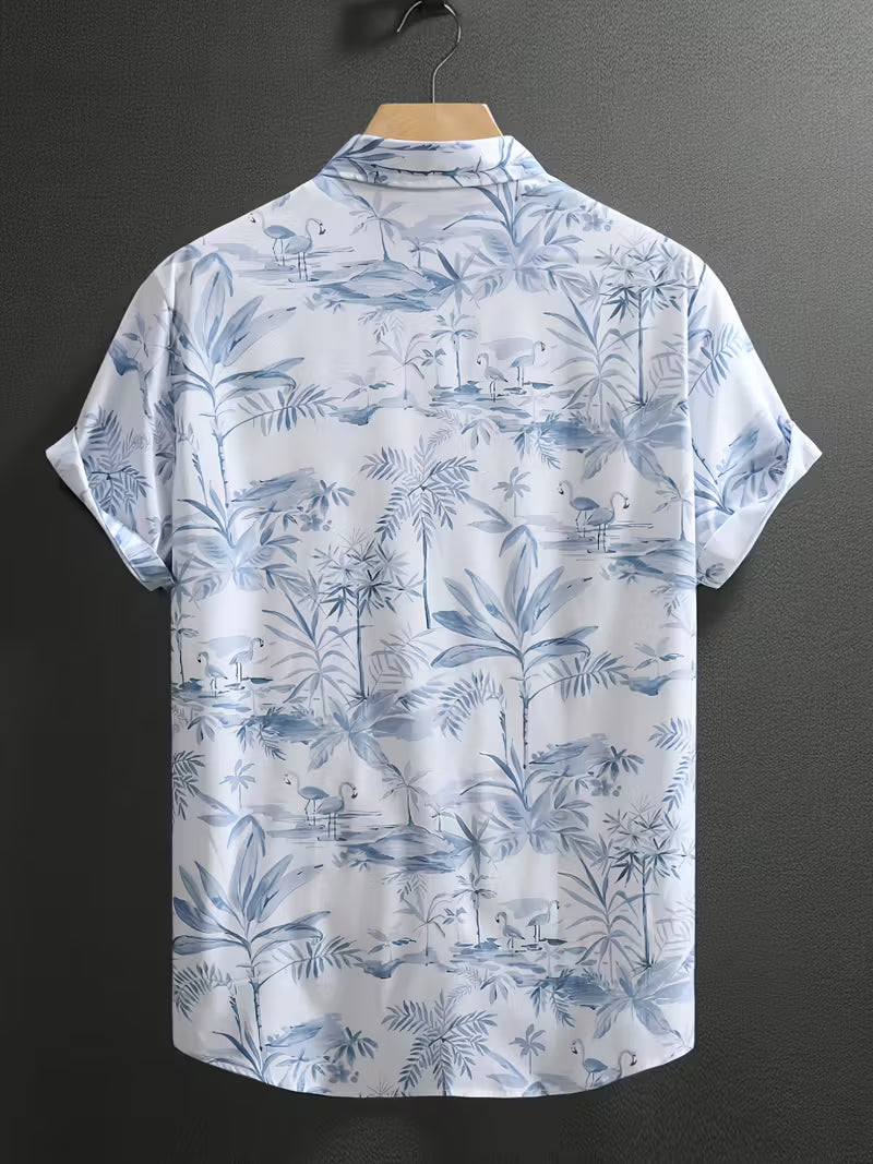 Men’s Blue Tropical Botanical Print Short Sleeve Button-Up Camp Shirt