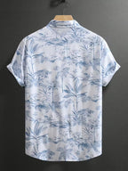 Men’s Blue Tropical Botanical Print Short Sleeve Button-Up Camp Shirt