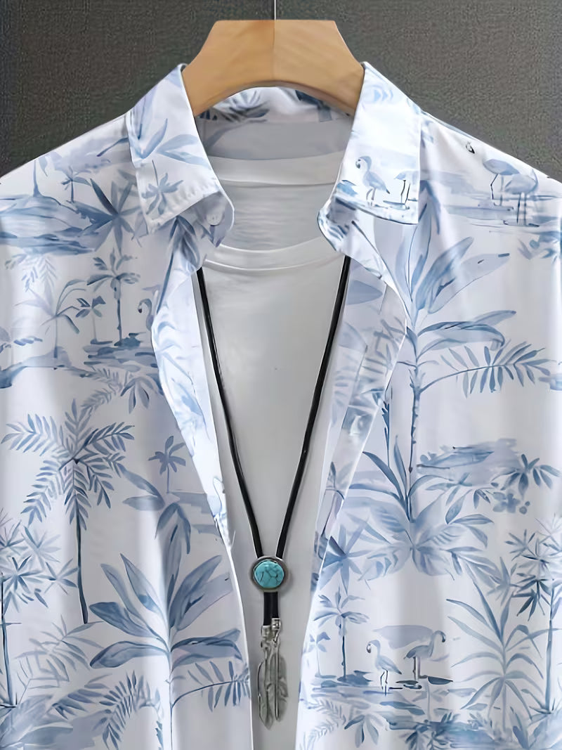 Men’s Blue Tropical Botanical Print Short Sleeve Button-Up Camp Shirt