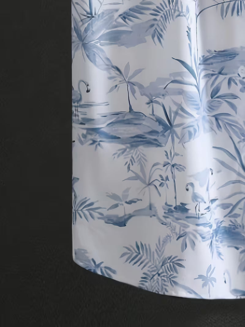 Men’s Blue Tropical Botanical Print Short Sleeve Button-Up Camp Shirt