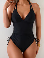 Midnight Coast - Women’s Black Ruched Halter Neck Push-Up One-Piece Swimsuit