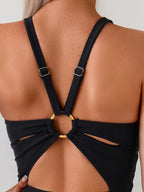 Midnight Coast - Women’s Black Ruched Halter Neck Push-Up One-Piece Swimsuit