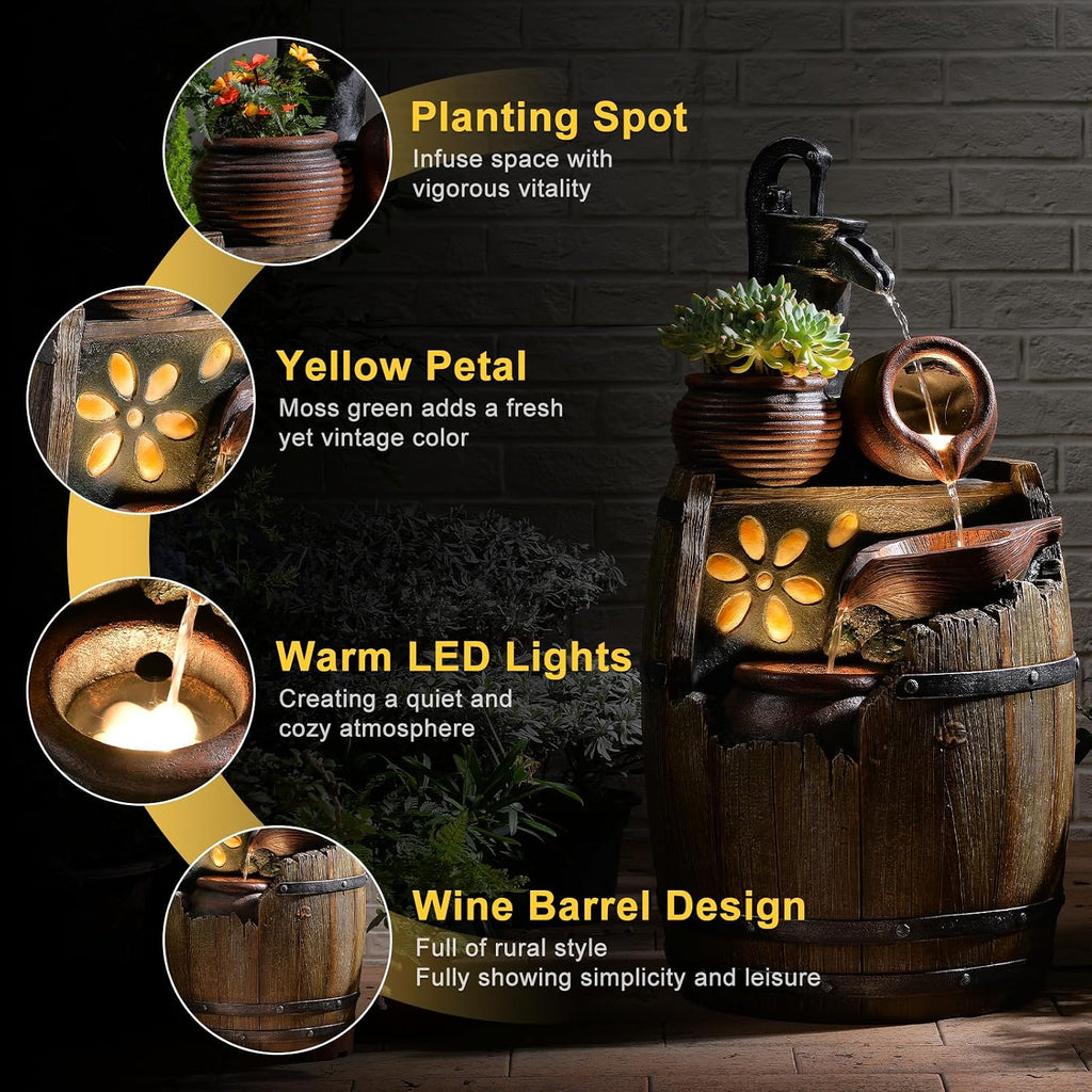 Solar Water Fountain Outdoor Rustic Pump And Barrel, 4 Tiered Cascading Bowl Solar Powered Water Fall Fountains Outside Feature With LED Lights For Garden, Patio, Porch, Backyard Decor