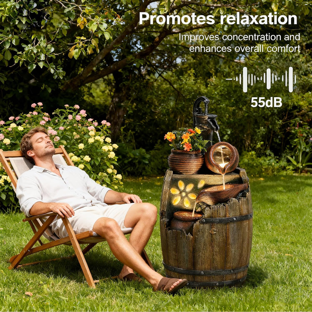 Solar Water Fountain Outdoor Rustic Pump And Barrel, 4 Tiered Cascading Bowl Solar Powered Water Fall Fountains Outside Feature With LED Lights For Garden, Patio, Porch, Backyard Decor