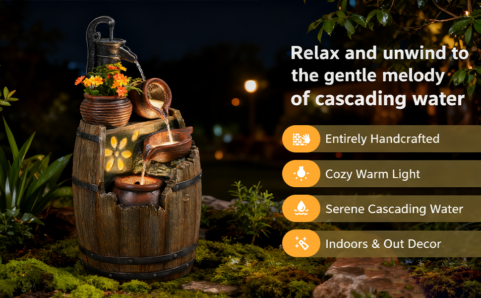 Solar Water Fountain Outdoor Rustic Pump And Barrel, 4 Tiered Cascading Bowl Solar Powered Water Fall Fountains Outside Feature With LED Lights For Garden, Patio, Porch, Backyard Decor