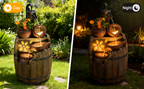 Solar Water Fountain Outdoor Rustic Pump And Barrel, 4 Tiered Cascading Bowl Solar Powered Water Fall Fountains Outside Feature With LED Lights For Garden, Patio, Porch, Backyard Decor