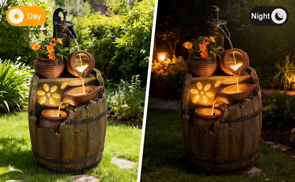 Solar Water Fountain Outdoor Rustic Pump And Barrel, 4 Tiered Cascading Bowl Solar Powered Water Fall Fountains Outside Feature With LED Lights For Garden, Patio, Porch, Backyard Decor