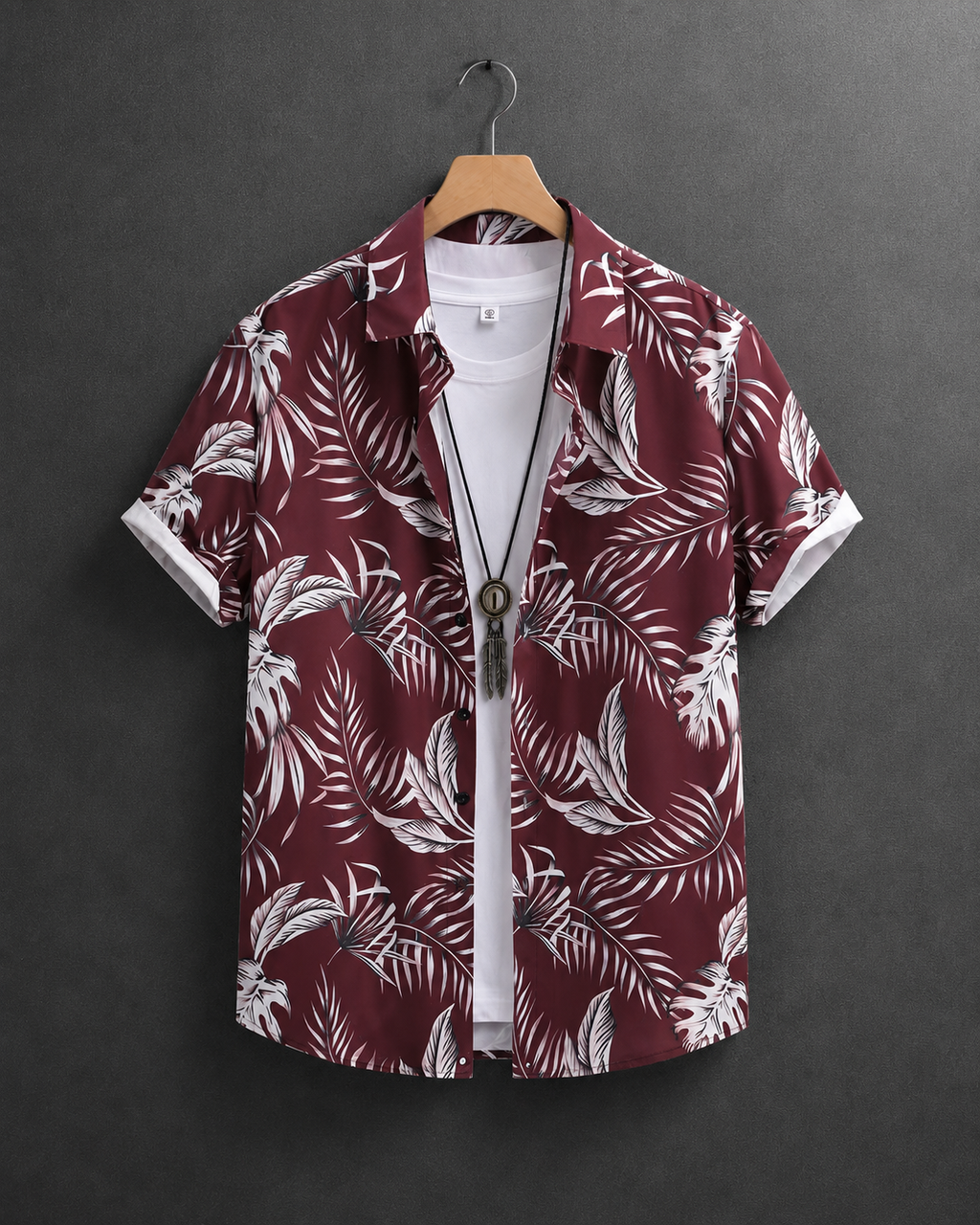 Burgundy Tropical Leaf Short Sleeve Button-Up Shirt
