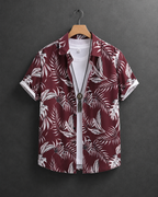Burgundy Tropical Leaf Short Sleeve Button-Up Shirt