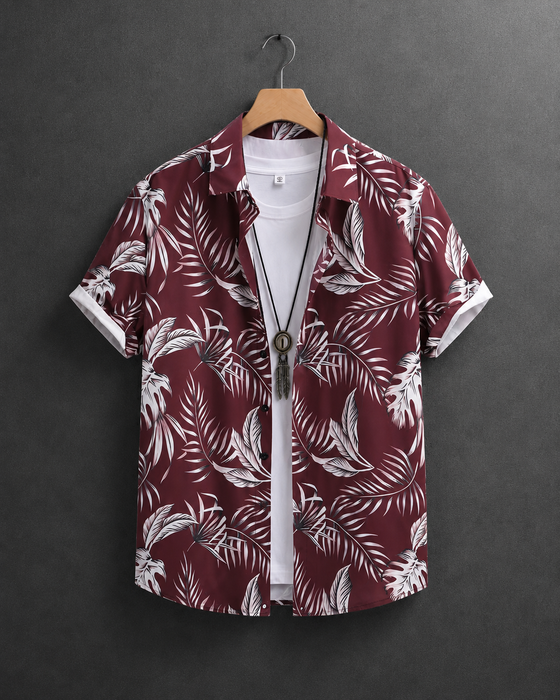 Burgundy Tropical Leaf Short Sleeve Button-Up Shirt