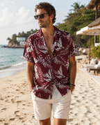 Burgundy Tropical Leaf Short Sleeve Button-Up Shirt