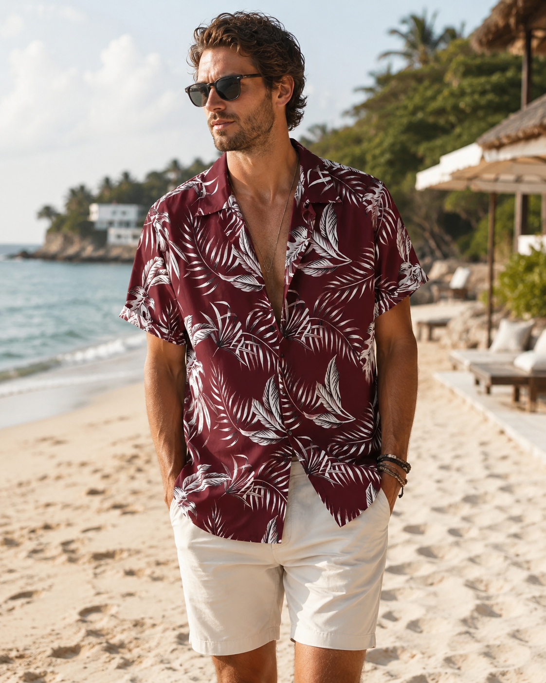 Burgundy Tropical Leaf Short Sleeve Button-Up Shirt