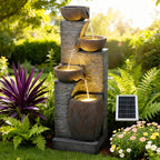 38.2" Tall Solar Water Fountain Outdoor Garden, 4 Tiers Modern Cascading Bowls And Stacked Stones Solar Powered Fountains with LED Lights for Garden, Patio, Deck, Porch, Backyard, Lawns