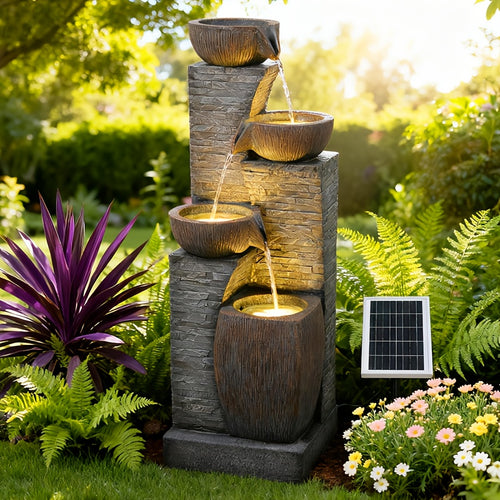 38.2" Tall Solar Water Fountain Outdoor Garden, 4 Tiers Modern Cascading Bowls And Stacked Stones Solar Powered Fountains with LED Lights for Garden, Patio, Deck, Porch, Backyard, Lawns