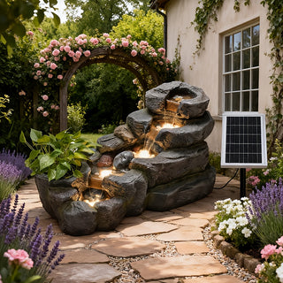 38.2-inch-long Solar Fountain Outdoor Garden 5-tier Freestanding Rock Waterfall Fountain Features LED Lighting And Planting Basin Ideal for Patios, Porches, Backyards, And Home Decor.