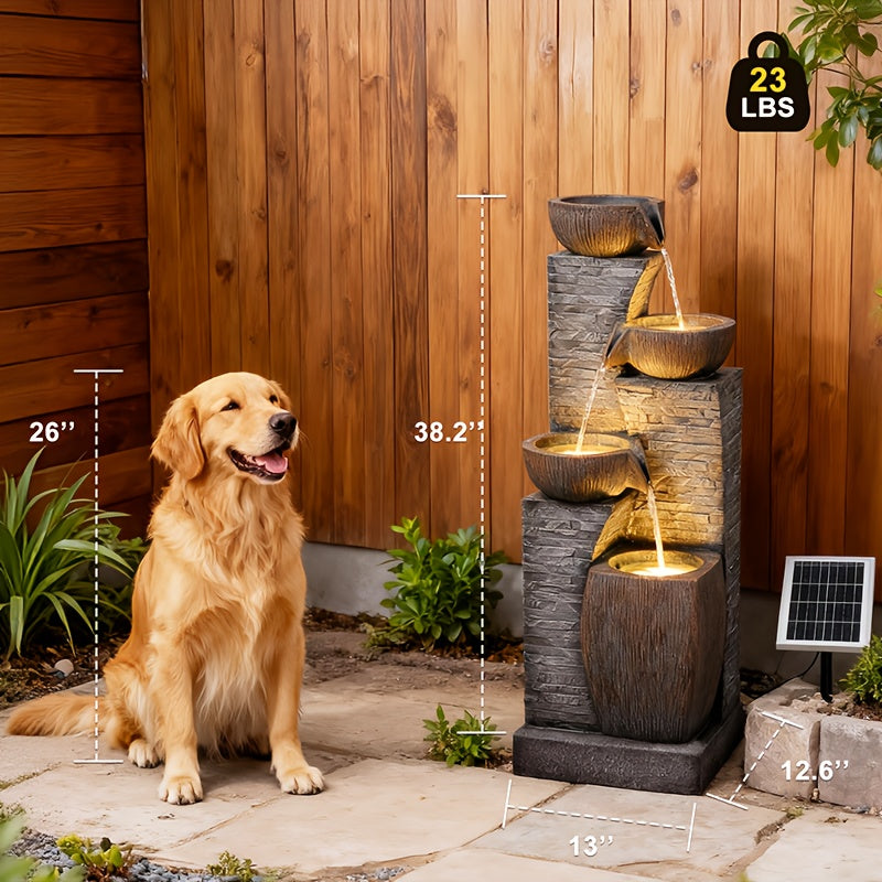 38.2" Tall Solar Water Fountain Outdoor Garden, 4 Tiers Modern Cascading Bowls And Stacked Stones Solar Powered Fountains with LED Lights for Garden, Patio, Deck, Porch, Backyard, Lawns