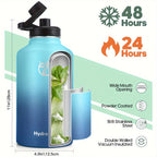 64oz (Half Gallon) Insulated Water Bottle With 2 Lids and Paracord Carrier Strap