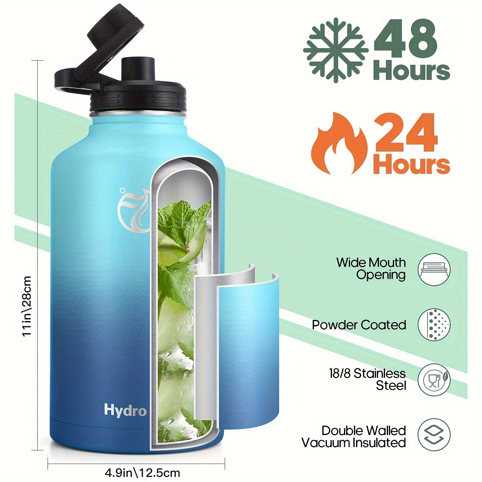 64oz (Half Gallon) Insulated Water Bottle With 2 Lids and Paracord Carrier Strap