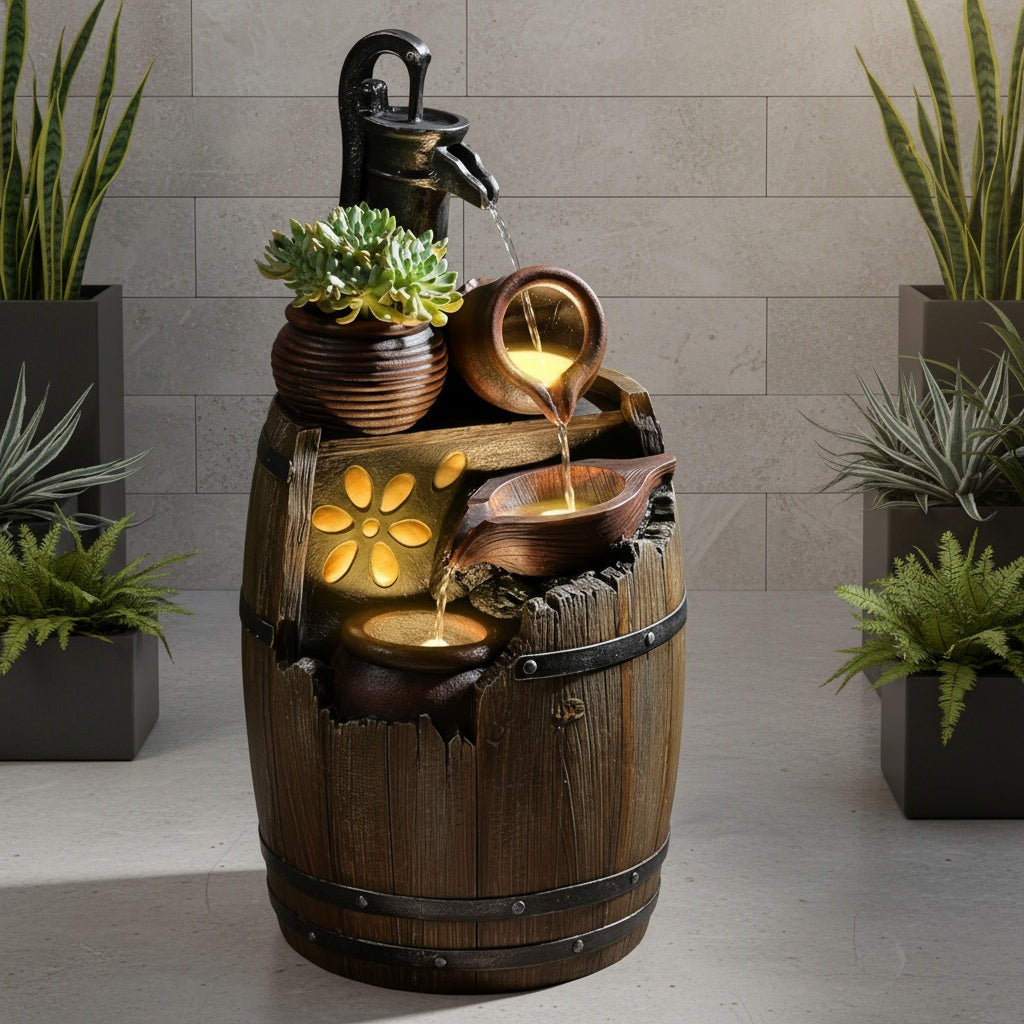 Solar Water Fountain Outdoor Rustic Pump And Barrel, 4 Tiered Cascading Bowl Solar Powered Water Fall Fountains Outside Feature With LED Lights For Garden, Patio, Porch, Backyard Decor