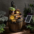 Solar Water Fountain Outdoor Rustic Pump And Barrel, 4 Tiered Cascading Bowl Solar Powered Water Fall Fountains Outside Feature With LED Lights For Garden, Patio, Porch, Backyard Decor