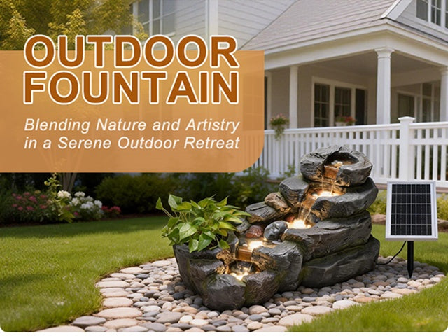 38.2-inch-long Solar Fountain Outdoor Garden 5-tier Freestanding Rock Waterfall Fountain Features LED Lighting And Planting Basin Ideal for Patios, Porches, Backyards, And Home Decor.