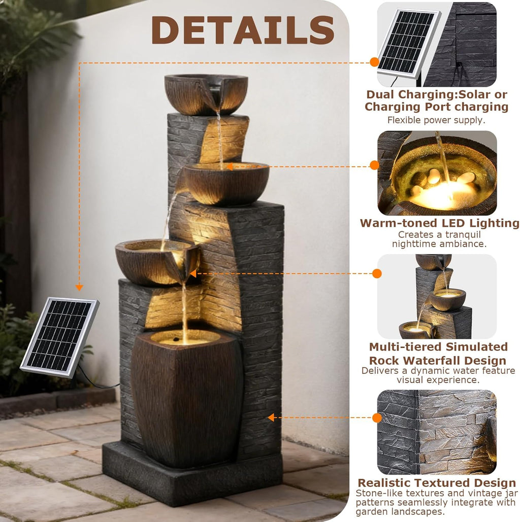 38.2" Tall Solar Water Fountain Outdoor Garden, 4 Tiers Modern Cascading Bowls And Stacked Stones Solar Powered Fountains with LED Lights for Garden, Patio, Deck, Porch, Backyard, Lawns