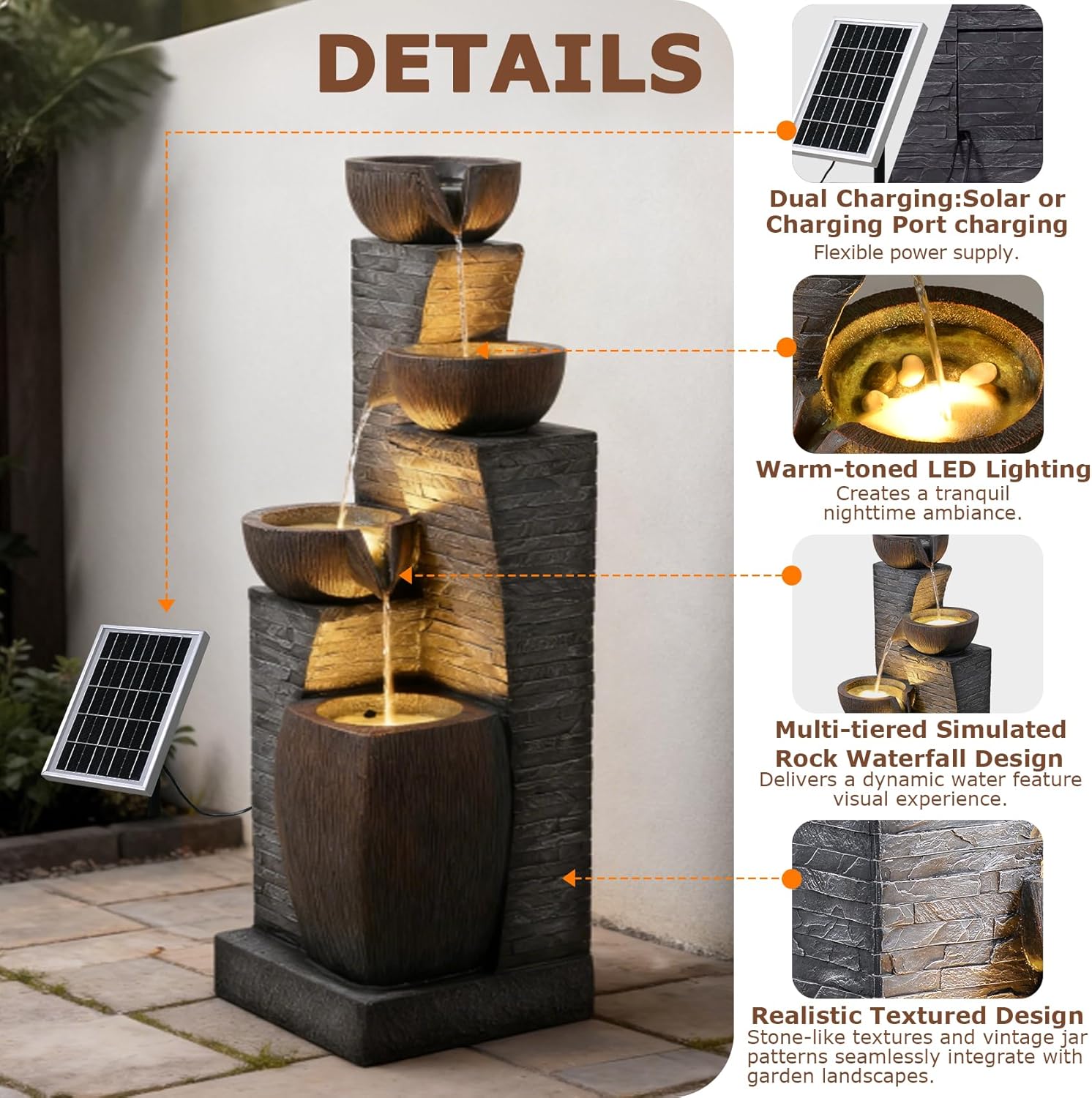 38.2" Tall Solar Water Fountain Outdoor Garden, 4 Tiers Modern Cascading Bowls And Stacked Stones Solar Powered Fountains with LED Lights for Garden, Patio, Deck, Porch, Backyard, Lawns
